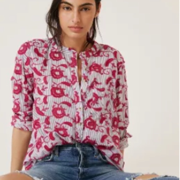 Anthropologie Pilcro The Whitney Trapeze Button Down Embroidered Pink Comb Large - Picture 1 of 9